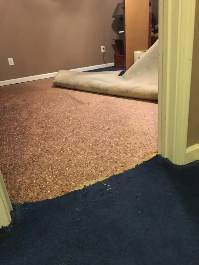 Carpet pad removal revealing water damage during Drying & Dehumidification in Tonganoxie